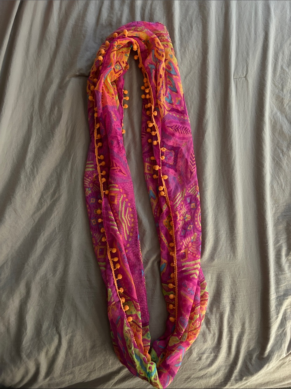 Vibrant Pink & Orange Pom-Trim Infinity Scarf